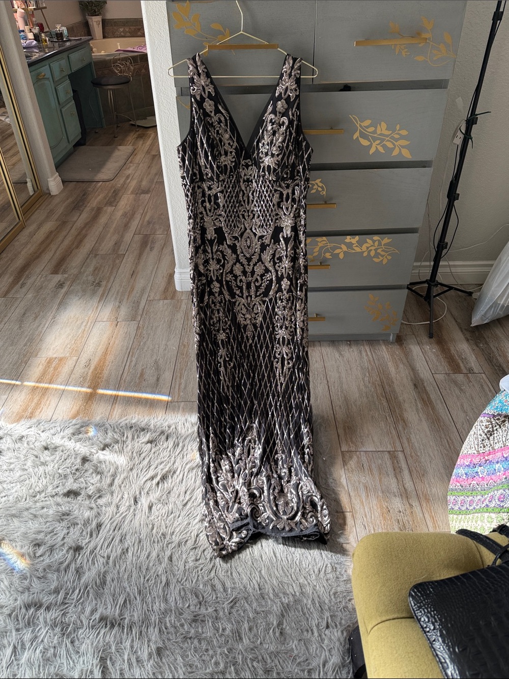 R&M Richards Black and Silver Beaded V-Neck Evening Gown